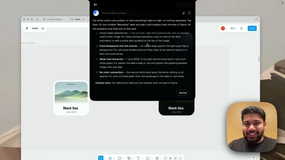 Incredible giving feedback on a design that is open on the screen