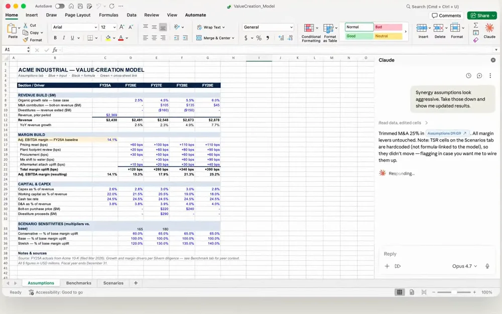 Excel with a financial model and the Claude sidebar on the right, answering a request to change the synergy assumptions