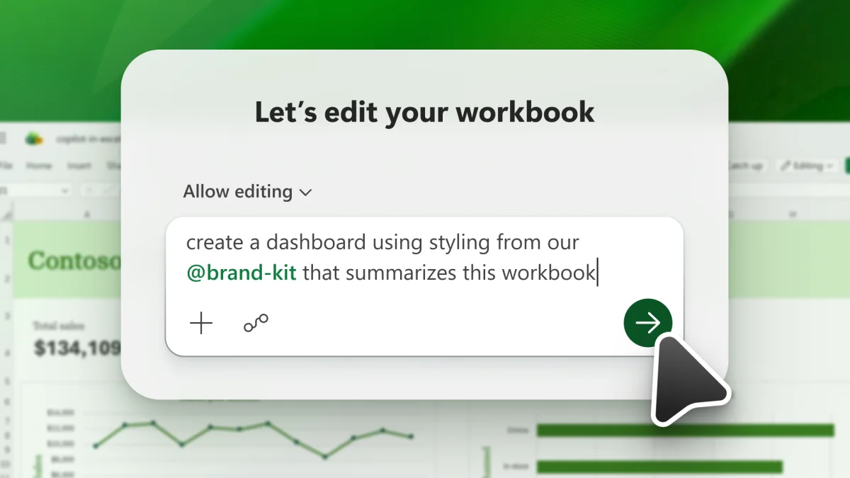 Copilot in Excel prompt box headed Let's edit your workbook, with Allow editing selected and a request to create a dashboard