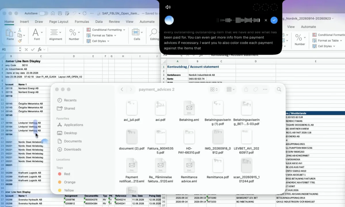 Excel on a Mac with a ledger open and a folder of payment advice PDFs, while the Incredible voice bar transcribes a spoken request to reconcile and color-code the open items