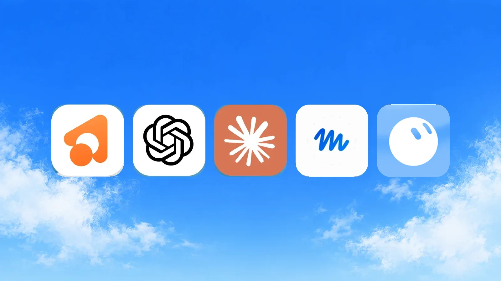The app icons of Incredible, ChatGPT, Claude, Meta Muse and Grok Bot, in the list’s order, on a blue sky