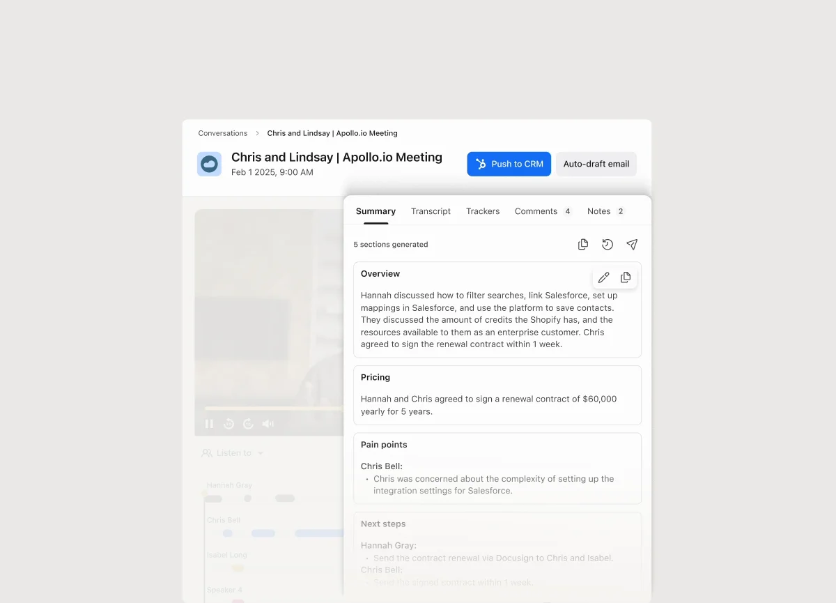 An Apollo meeting record with an AI summary split into Overview, Pricing, Pain points and Next steps, and Push to CRM and Auto-draft email buttons