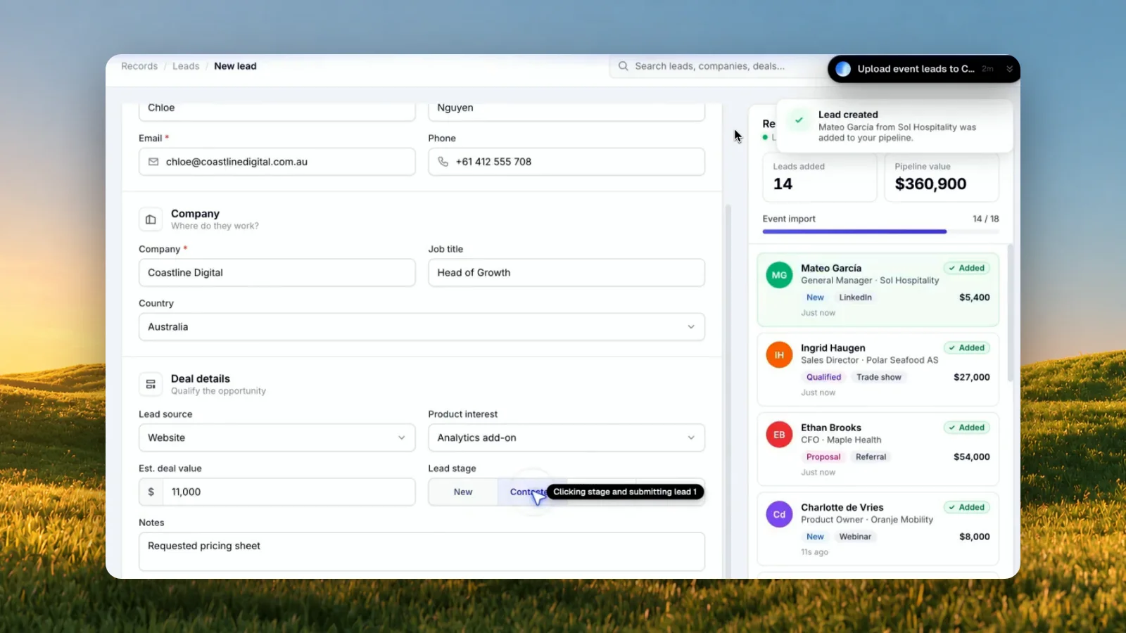 A new lead form in a CRM filled in by Incredible, with a Lead created notice and the leads it has added listed on the right