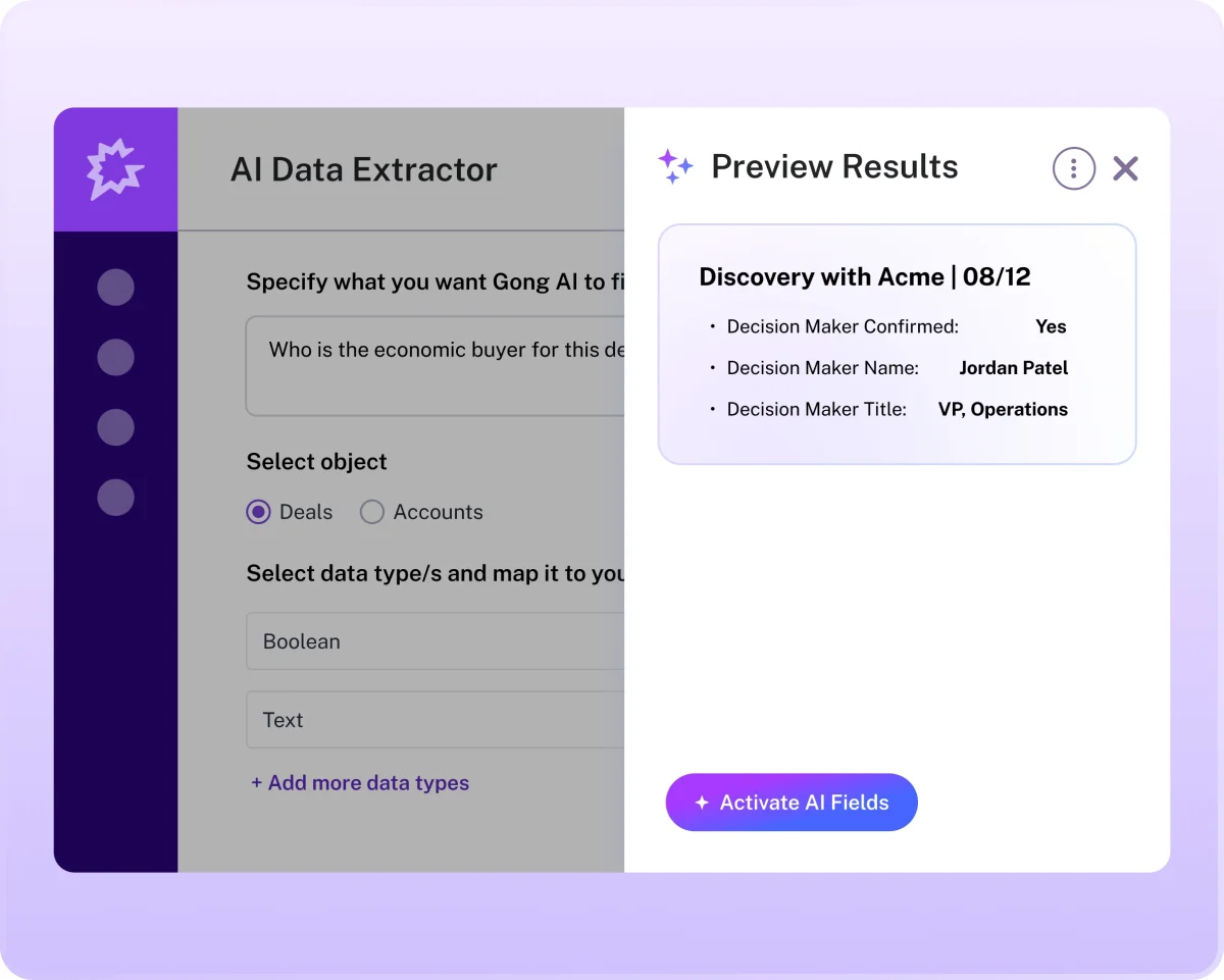 Gong AI Data Extractor asked who the economic buyer is, with a preview of a call called Discovery with Acme filling in Decision Maker Confirmed Yes, a name and the title VP, Operations