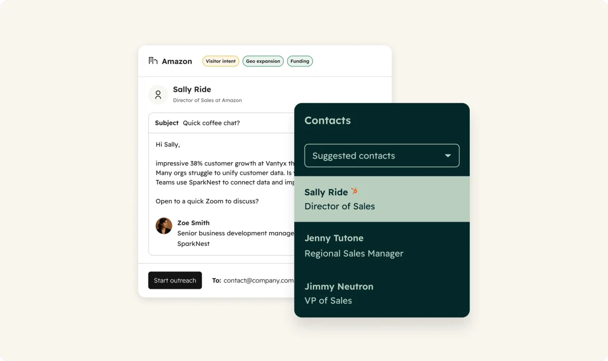 HubSpot's prospecting agent with a drafted outreach email to a Director of Sales, signal tags for visitor intent, geo expansion and funding, and a list of suggested contacts