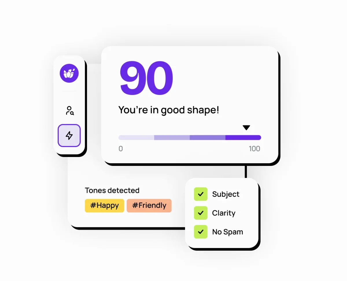 Lavender's email score card reading 90, You're in good shape, with the tones Happy and Friendly detected and checks for Subject, Clarity and No Spam