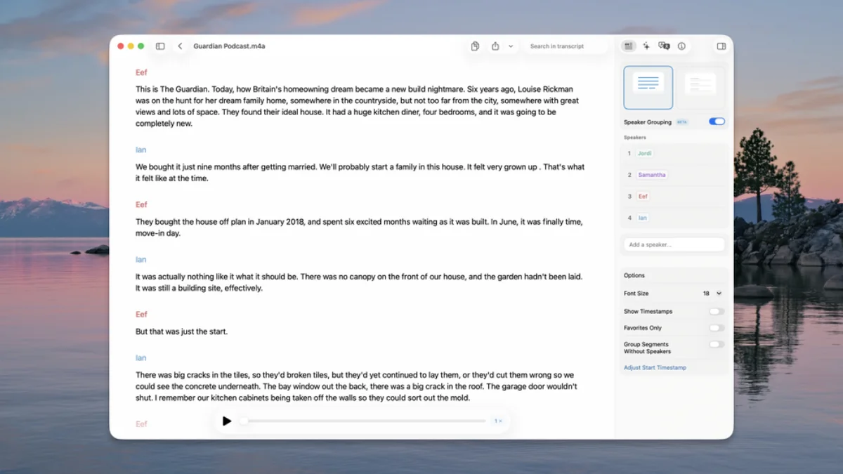 A MacWhisper transcript of a podcast split by speaker, with a speaker list in the sidebar