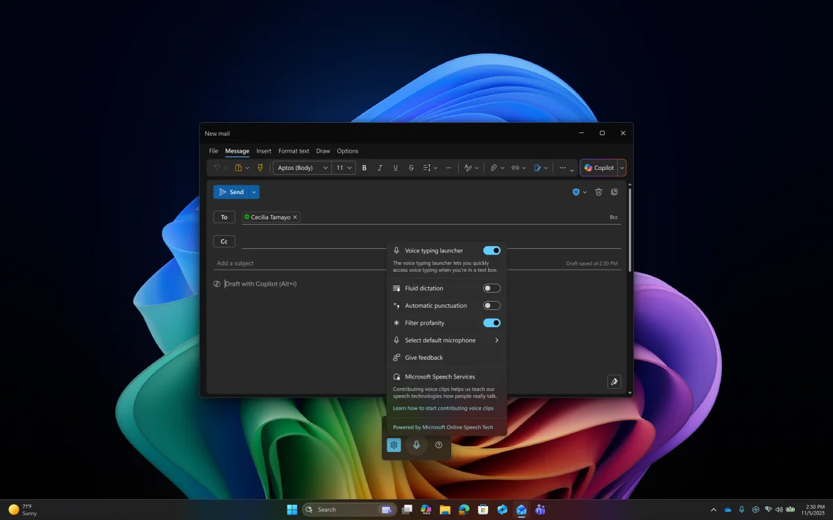 A new Outlook email on Windows 11 with the voice typing bar and its options open, including Fluid dictation and Automatic punctuation