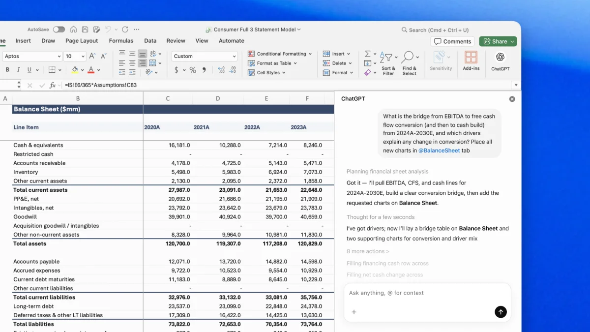 An Excel balance sheet model with the ChatGPT sidebar on the right, asked to build a bridge from EBITDA to free cash flow