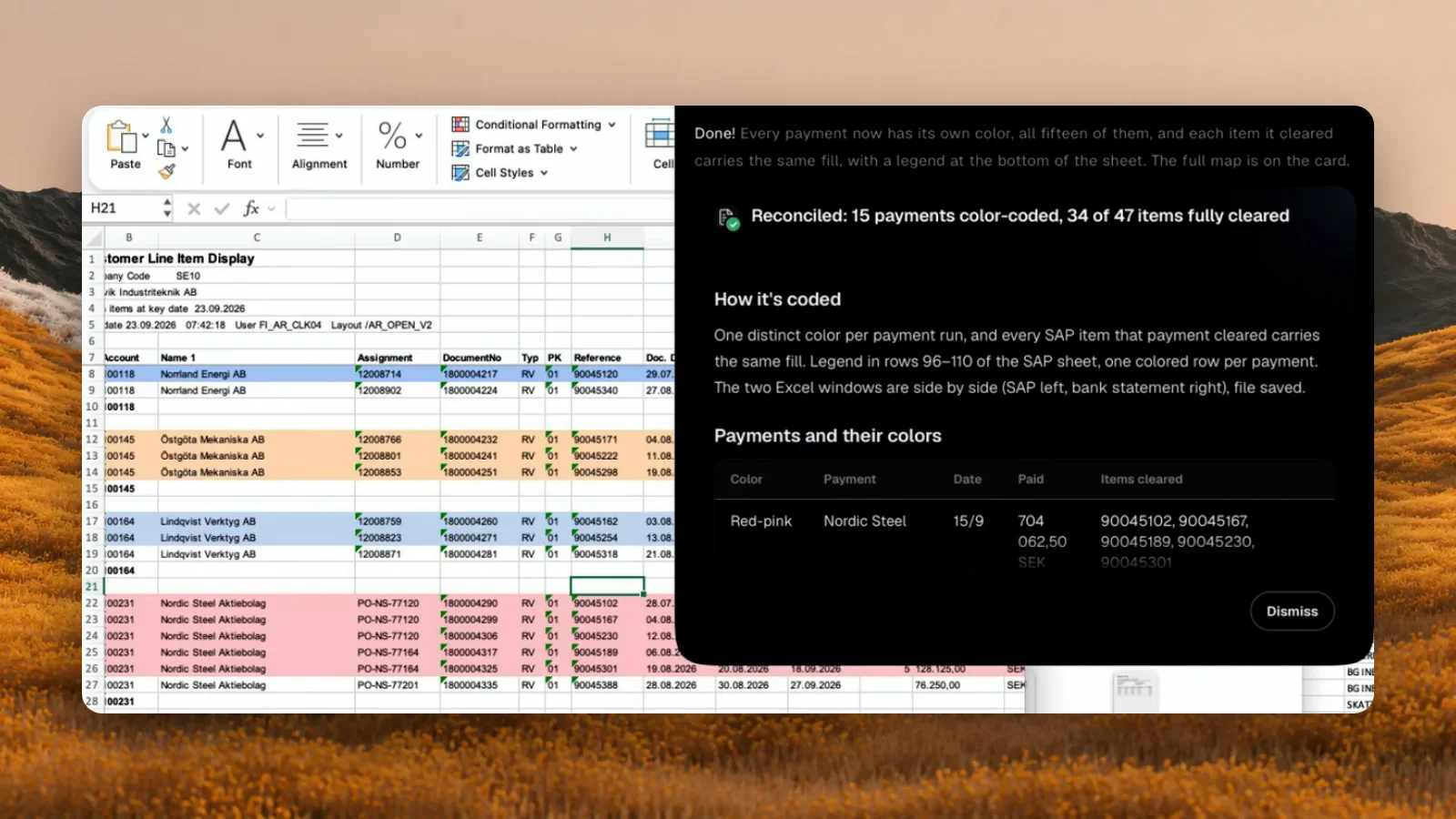 An SAP open items sheet in Excel with rows colored by payment, next to Incredible reporting 15 payments color-coded and 34 of 47 items fully cleared