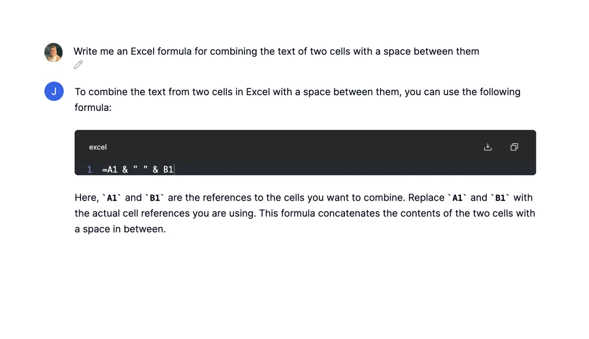 Julius answering a request for an Excel formula that joins two cells with a space, with the formula =A1 & " " & B1 and an explanation