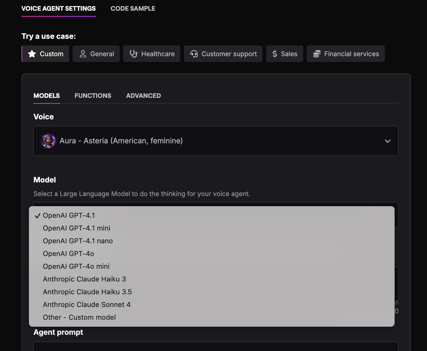 Deepgram Voice Agent settings showing use-case presets, voice selection, language models, functions, and advanced controls