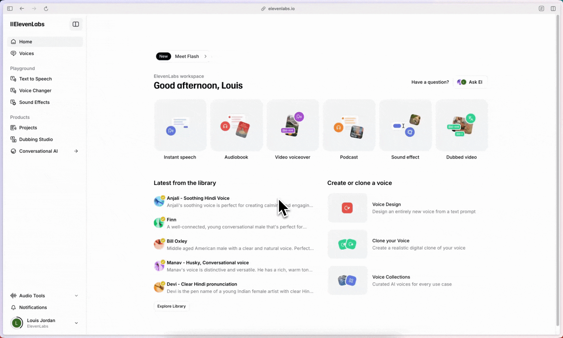 ElevenLabs dashboard showing speech, dubbing, conversational AI, and voice creation tools