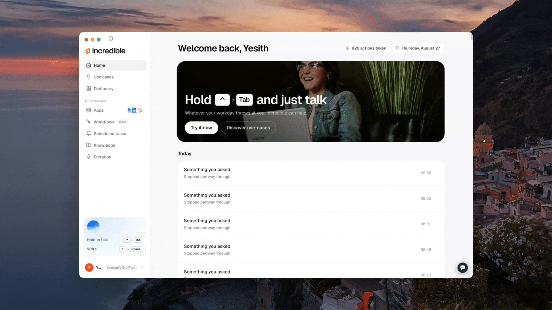Incredible desktop app showing its home screen, app connections, workflows, scheduled tasks, knowledge, and dictation