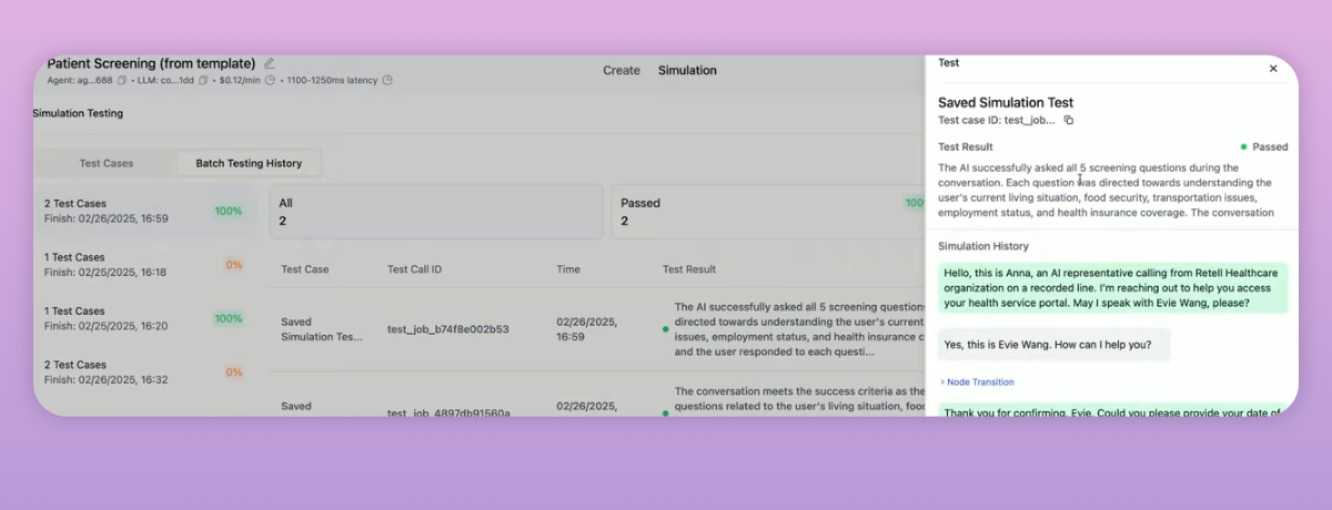 Retell AI simulation testing dashboard showing batch results and a simulated phone-agent conversation