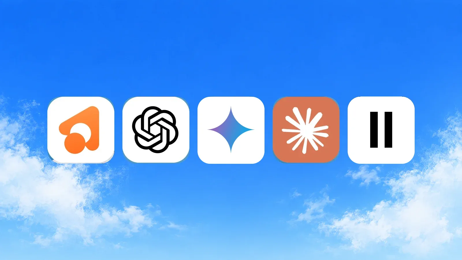 The app icons of Incredible, ChatGPT, Gemini, Claude and ElevenLabs on a blue sky