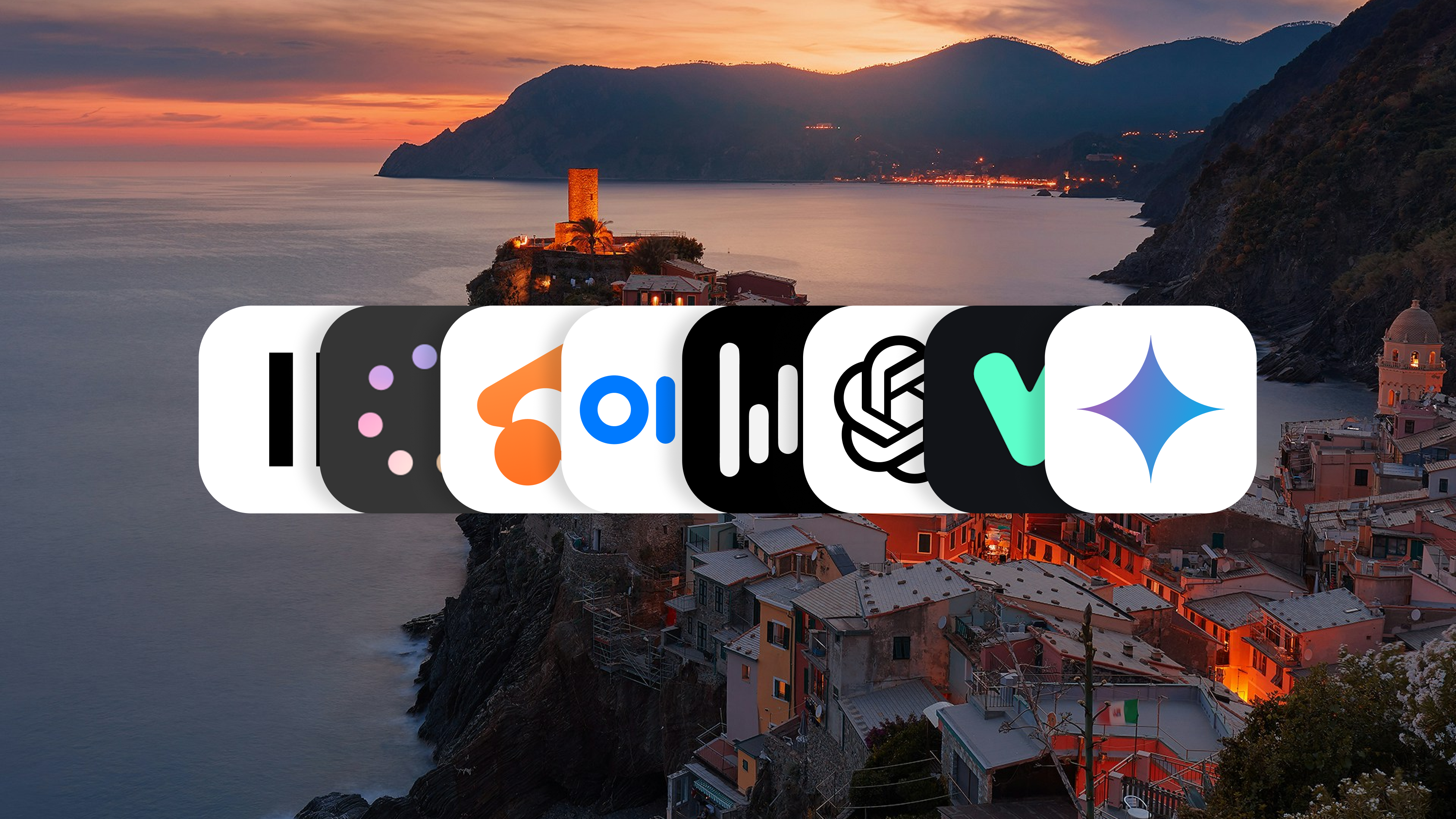 Voice AI app icons layered over a coastal sunset