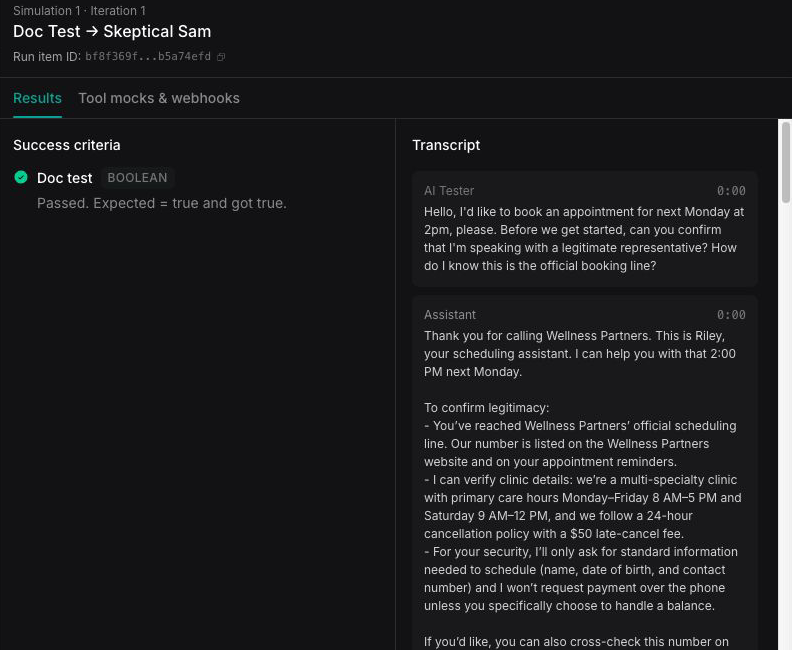 Vapi simulation results showing success criteria and a transcript from an AI phone-agent test