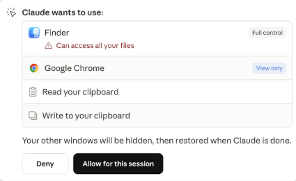 Claude Cowork asking for permission to use Finder, Chrome, and the clipboard