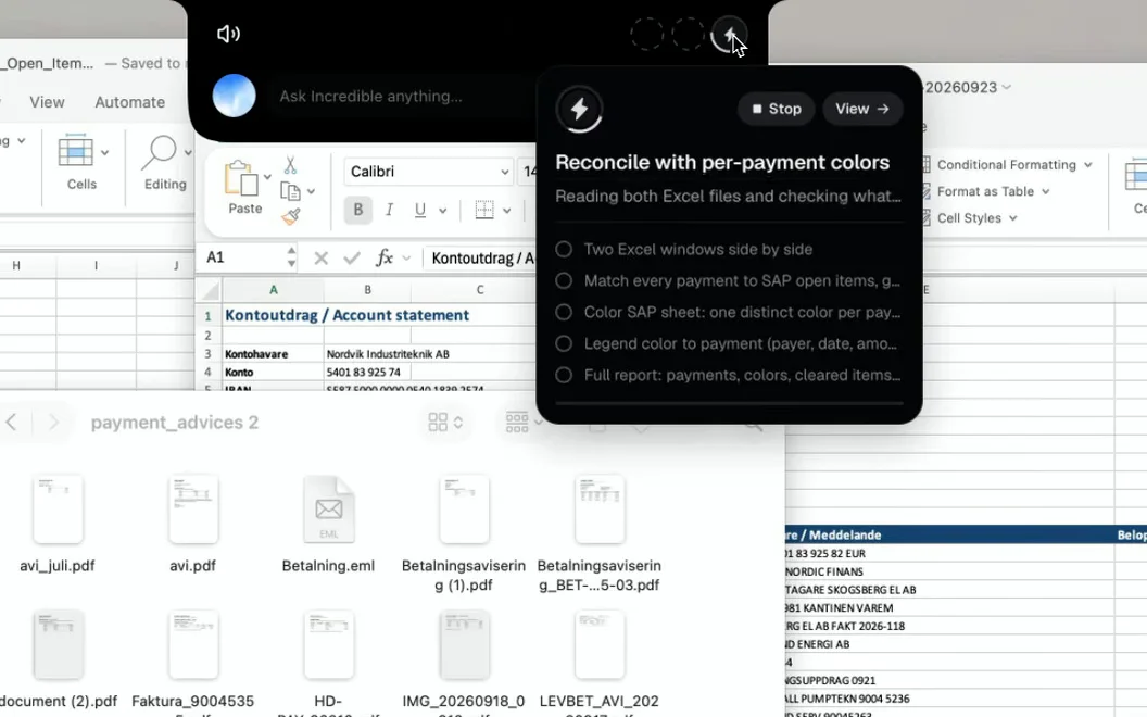 Incredible's bar over two Excel workbooks showing its plan, Reconcile with per-payment colors, with five steps