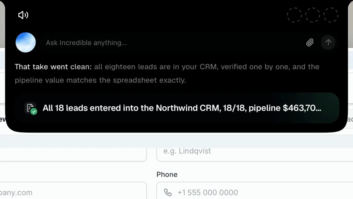 Incredible's reply: all eighteen leads are in your CRM, verified one by one, with a result line saying all 18 leads were entered into the Northwind CRM