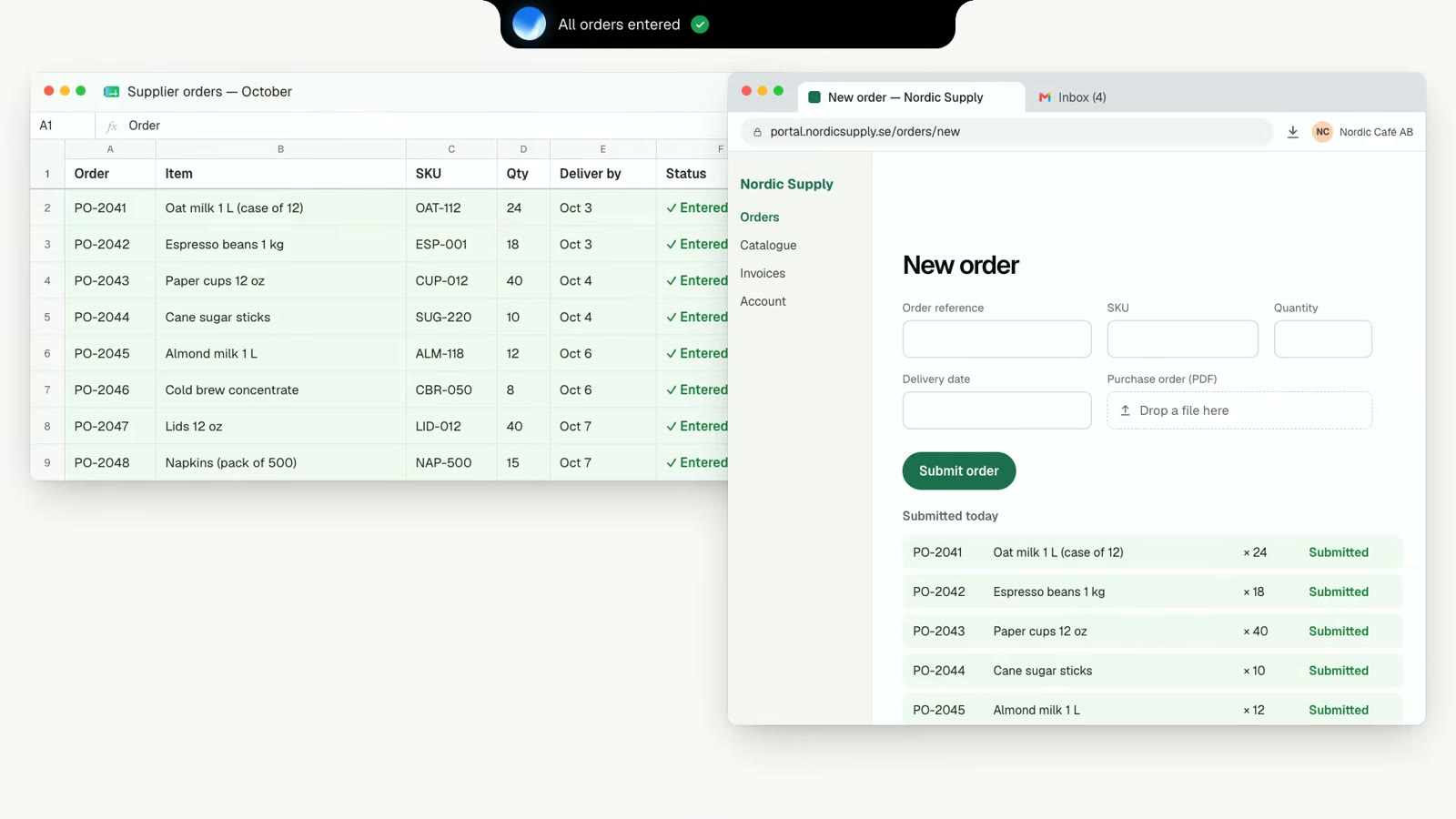 A spreadsheet of supplier orders beside a supplier portal, with every row marked as entered by Incredible