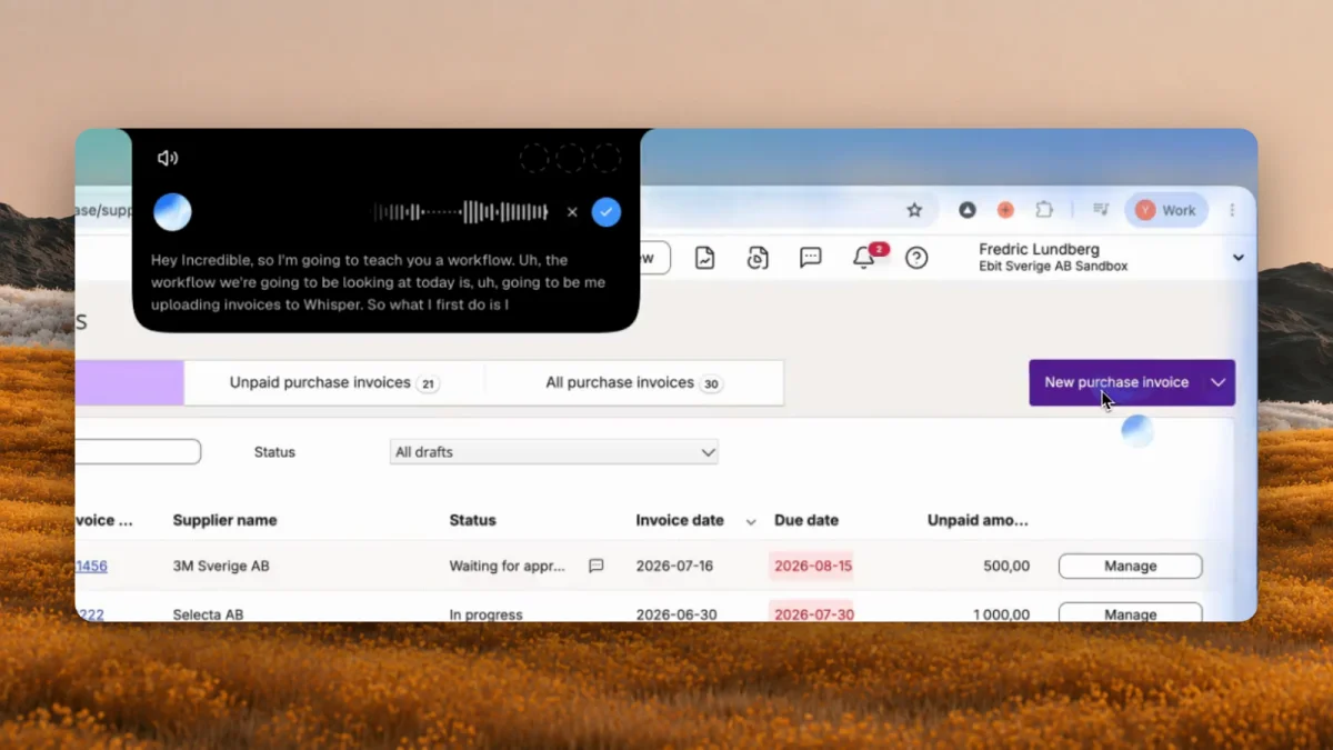 The Incredible voice bar above a purchase invoice list in an accounting web app, transcribing a person who says they are about to teach it a workflow