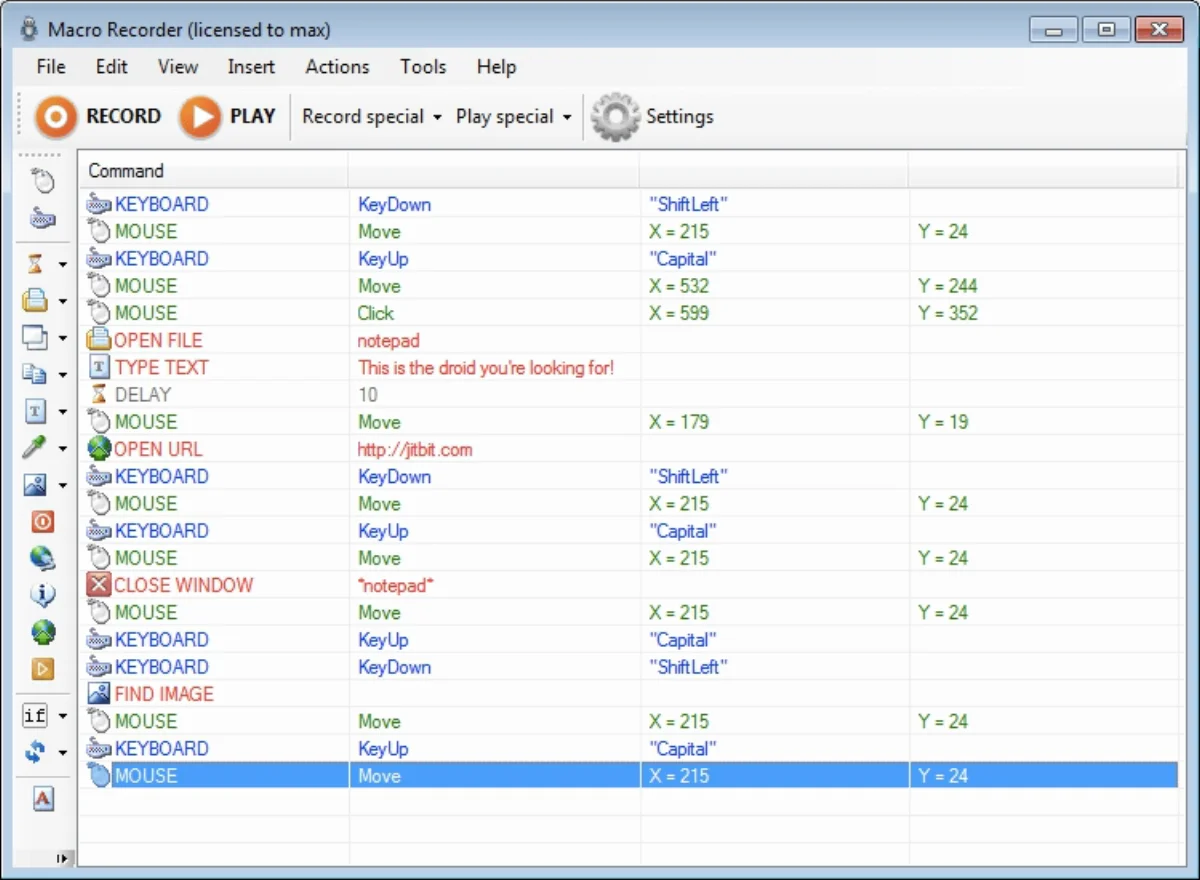 Jitbit Macro Recorder with a list of recorded events: keyboard key downs and key ups, mouse moves and clicks with X and Y screen positions, opening Notepad and typing text