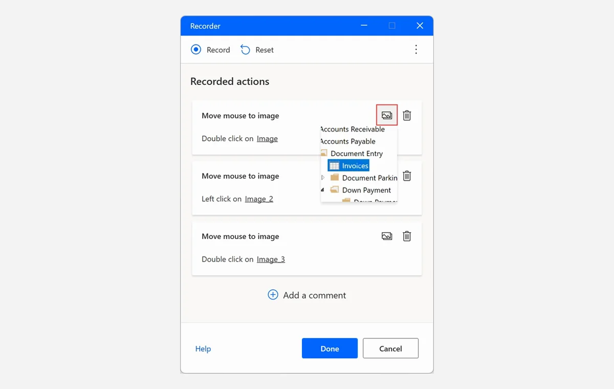 The Power Automate recorder window with three recorded actions, each one Move mouse to image followed by a click on a captured image of part of the screen