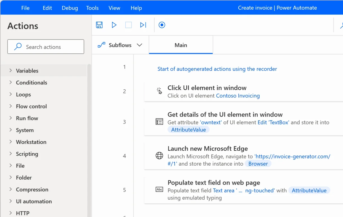 Power Automate for desktop showing a flow that starts with autogenerated actions from the recorder: click a UI element in a window, get details of a text box, launch Microsoft Edge and populate a text field on a web page