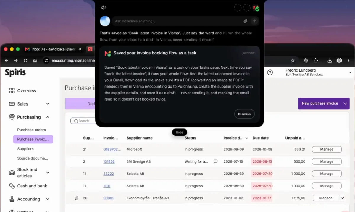 Incredible above an accounting web app confirming it saved the invoice booking flow as a task called Book latest invoice in Visma, and listing the steps it will run next time