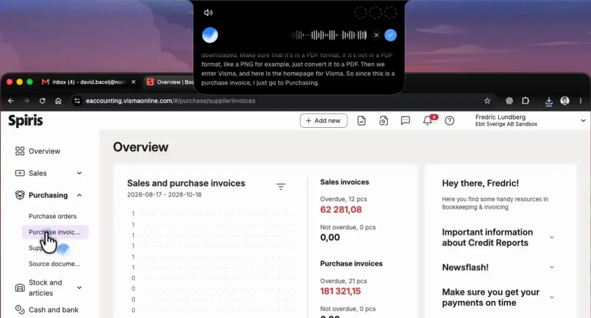 The Spiris overview page while the Incredible voice bar transcribes the person explaining that the invoice must be a PDF, and if it is an image they convert it to a PDF first