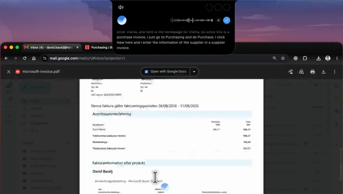 An invoice PDF open in Gmail while the Incredible voice bar transcribes the person explaining that since this is a purchase invoice, they go to Purchasing in Visma and enter the supplier details
