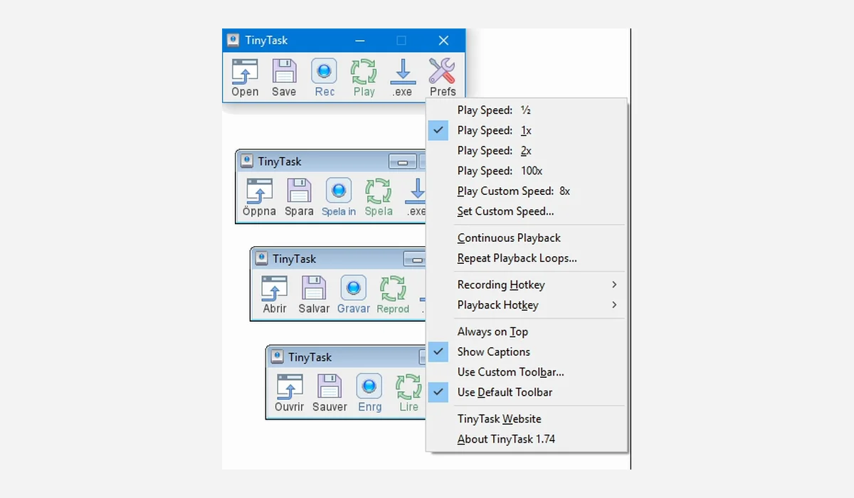 The TinyTask toolbar with Open, Save, Rec, Play and Prefs buttons, shown in several languages, next to its menu of playback speeds, continuous playback and recording hot keys