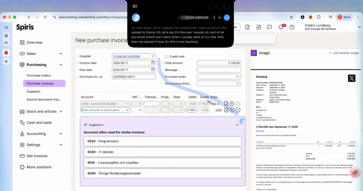 A new purchase invoice in Spiris filled in from an invoice image, while the Incredible voice bar transcribes the person saying they will tell Incredible which invoice they want each time they run the task