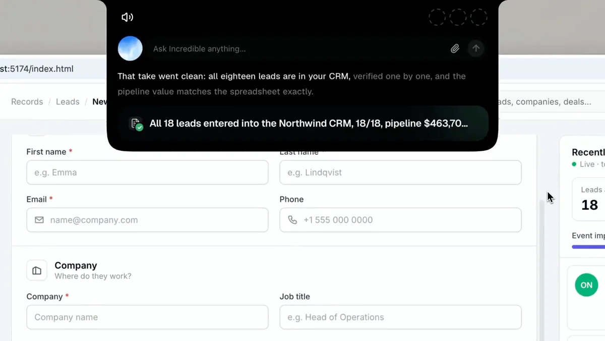 The Incredible bar over a CRM reporting that all 18 leads were entered into the Northwind CRM and the pipeline value matches the spreadsheet