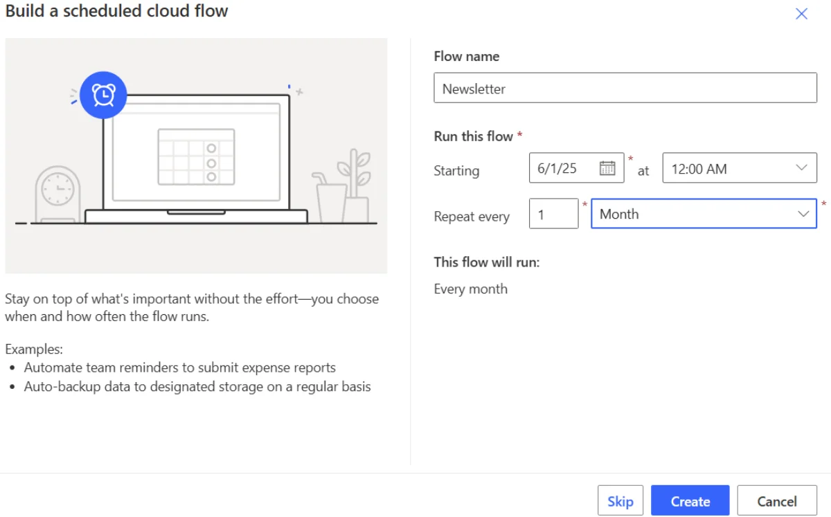 The Build a scheduled cloud flow dialog in Power Automate, with a flow named Newsletter set to repeat every month