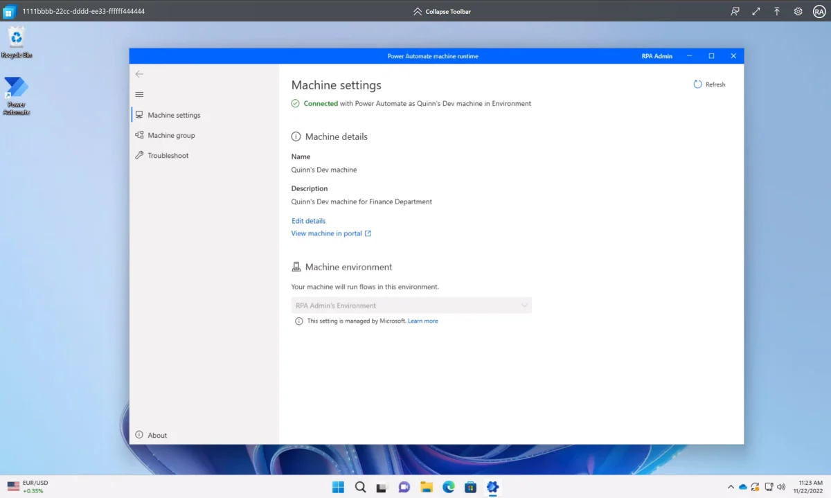 A Windows 11 desktop opened in a browser, with the Power Automate machine runtime window showing the machine connected to Power Automate