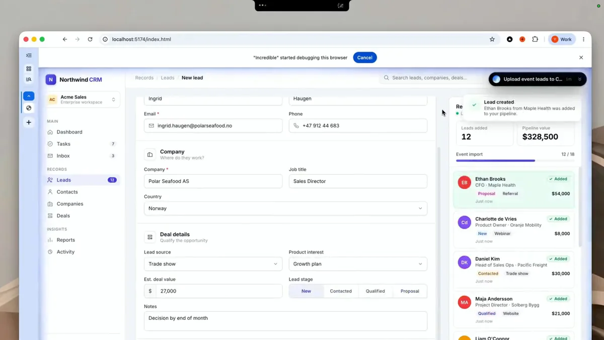 Incredible entering leads from a spreadsheet into a CRM in Chrome on a Mac, with 12 of 18 leads added and each new lead listed as Added