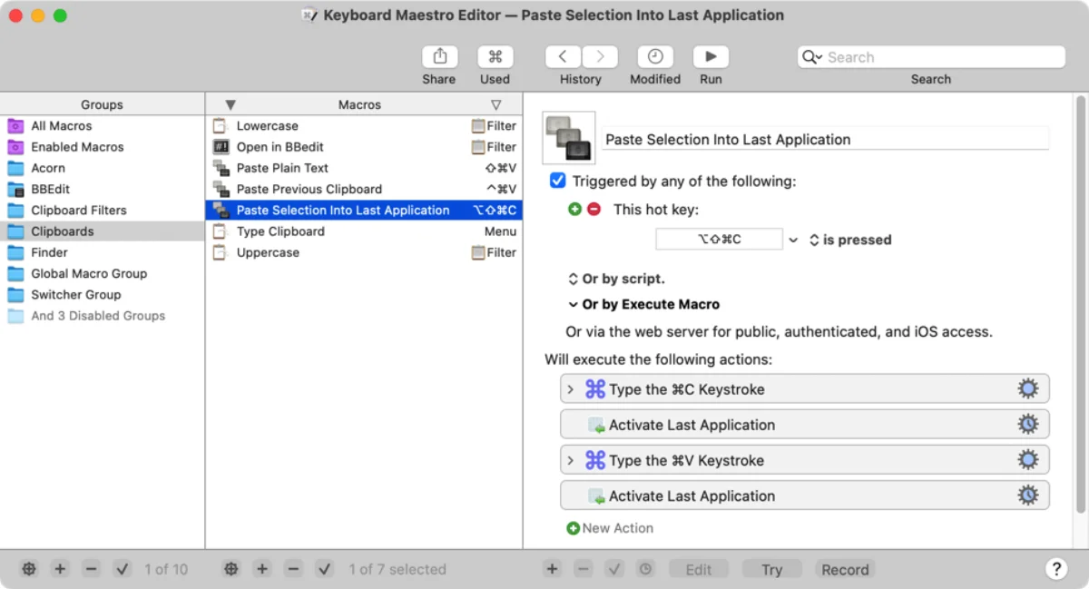 The Keyboard Maestro Editor with a macro triggered by a hot key that types Command C, switches to the last app and types Command V