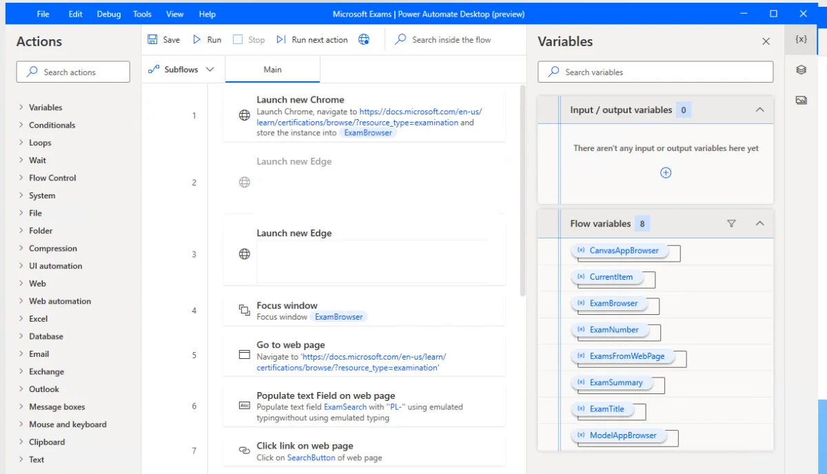 The Power Automate Desktop designer on Windows, with a list of actions on the left and a flow that launches Chrome, fills in a text field and clicks a link on a web page