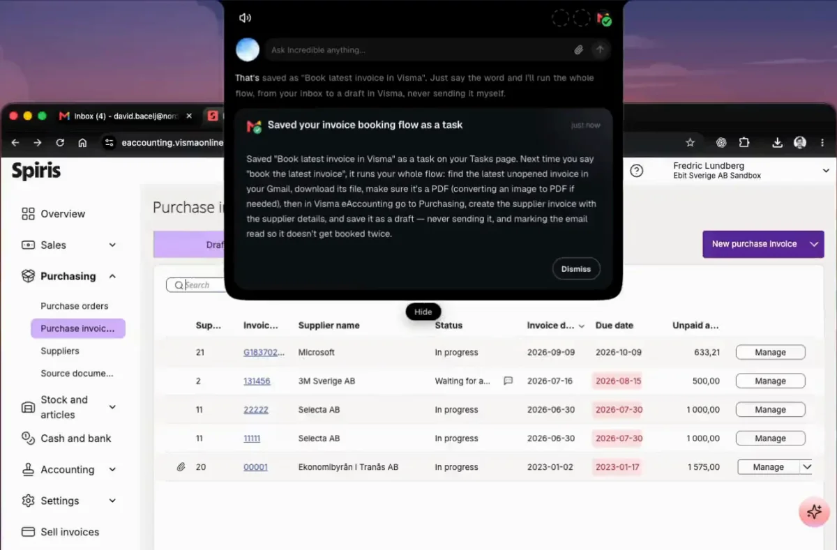 Incredible confirming above an accounting app that it saved an invoice booking flow as a task called Book latest invoice in Visma