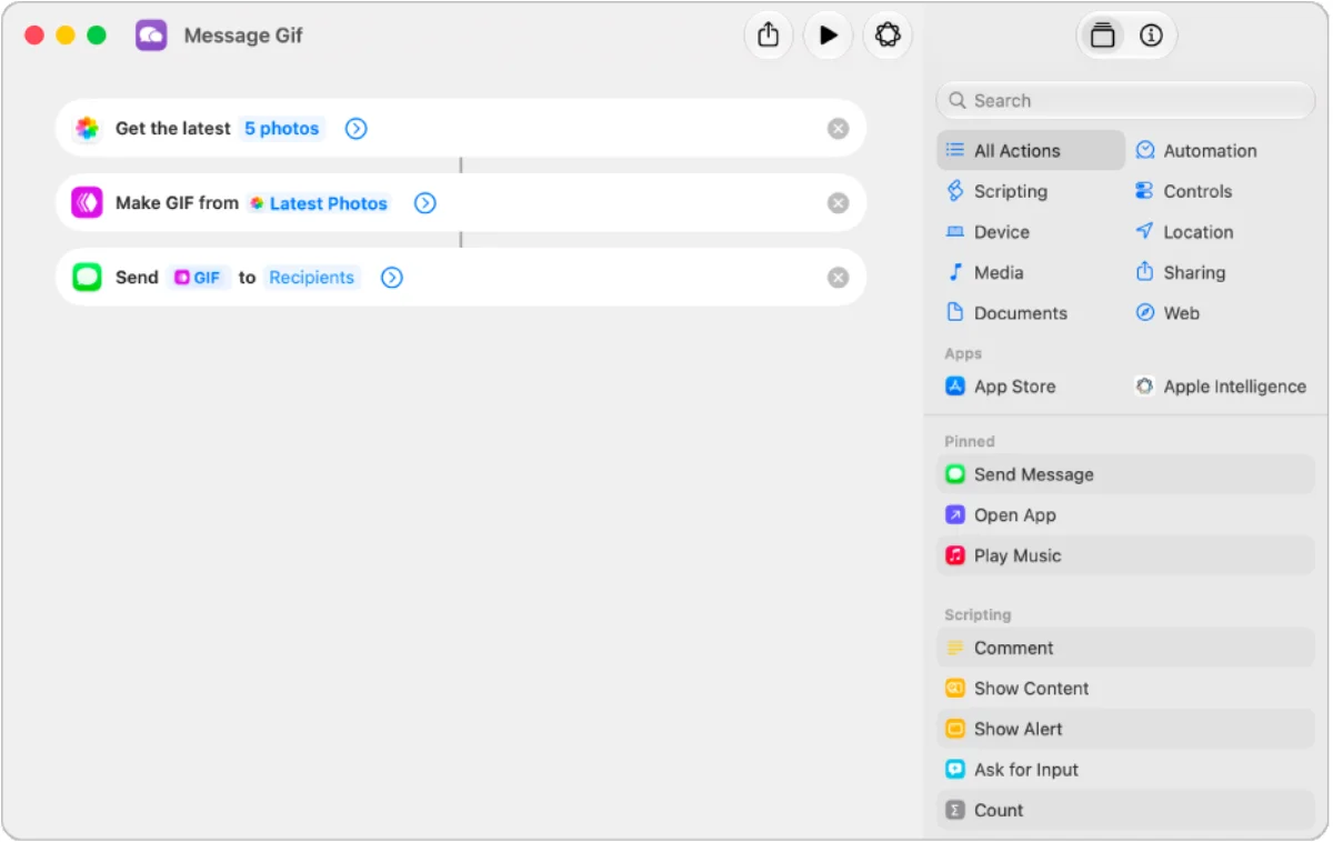 A shortcut in the Shortcuts app on a Mac with three steps: get the latest five photos, make a GIF from them and send it to recipients, next to a library of actions