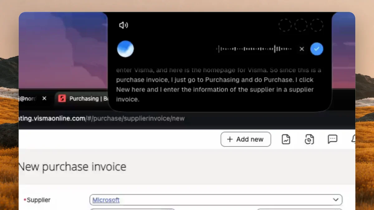 The Incredible voice bar above a new purchase invoice in an accounting web app, transcribing a person who explains that they go to Purchasing, click New and enter the supplier