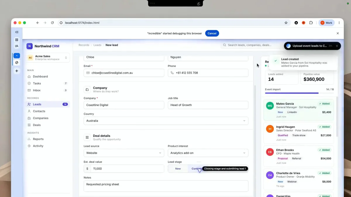 Incredible entering event leads into a CRM in the browser: 14 of 18 leads entered, a Lead created notice for Mateo Garcia, and a pipeline value of 360,900 dollars