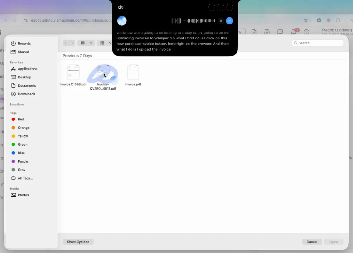 A file picker open over the Spiris accounting system with three invoice PDFs, while the Incredible voice bar transcribes the person saying they click the new purchase invoice button and then upload the invoice