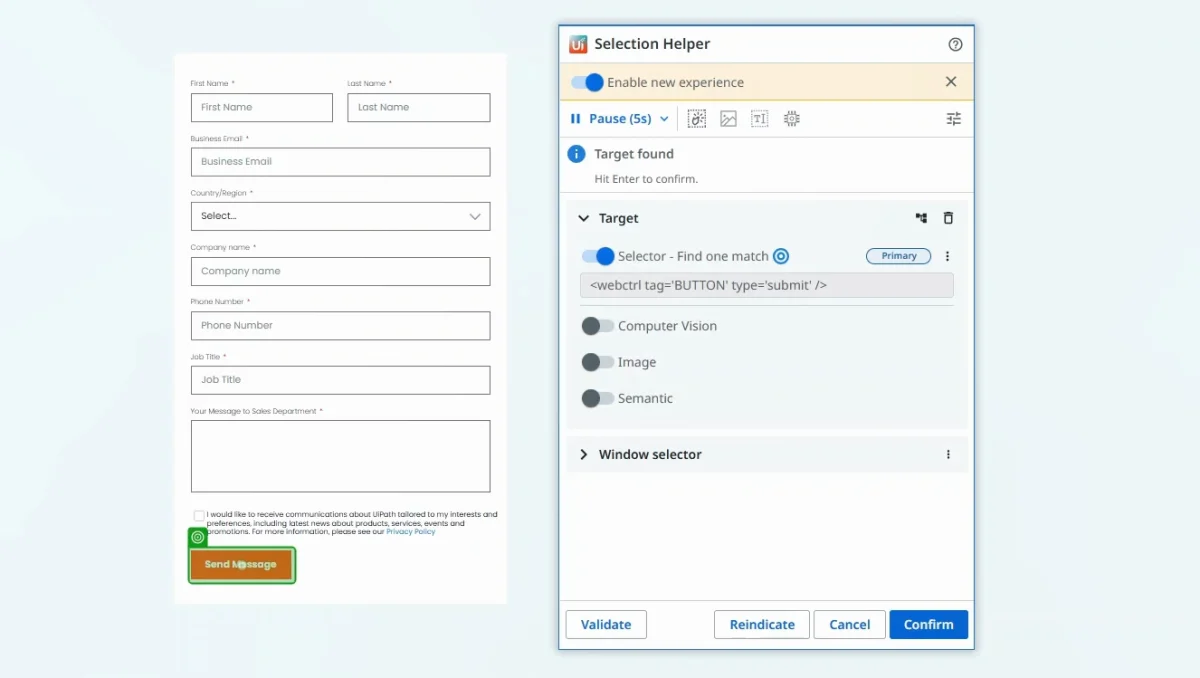UiPath's Selection Helper pointing at the Send Message button of a web form, with the target found and a selector of webctrl tag BUTTON type submit, and switches for computer vision, image and semantic matching