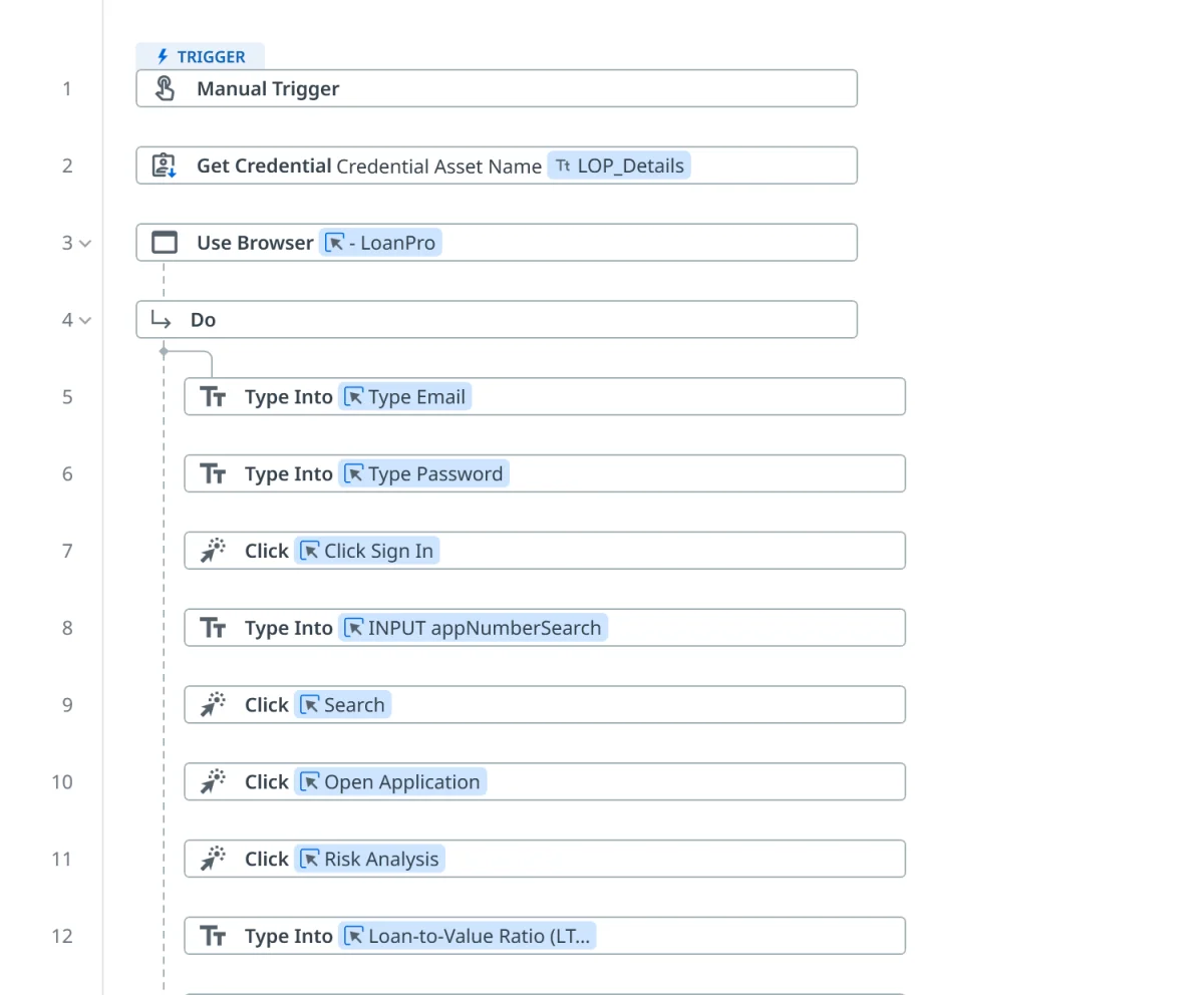 A workflow in UiPath Studio with numbered steps: a manual trigger, get a credential, use the browser, then Type Into email, Type Into password, Click Sign In, Type Into a search field, Click Search, Click Open Application and more