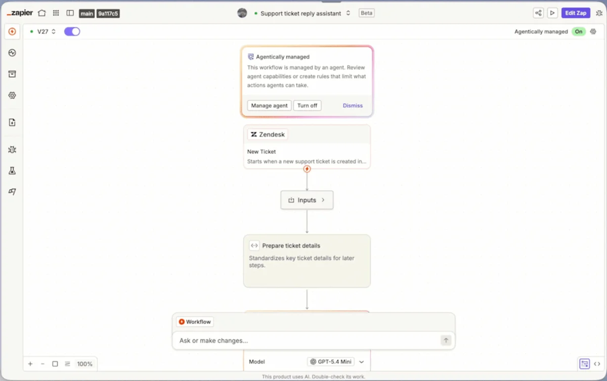 A Zap in the Zapier editor that starts with a new Zendesk ticket, then prepares the ticket details, with a box to ask for changes to the workflow