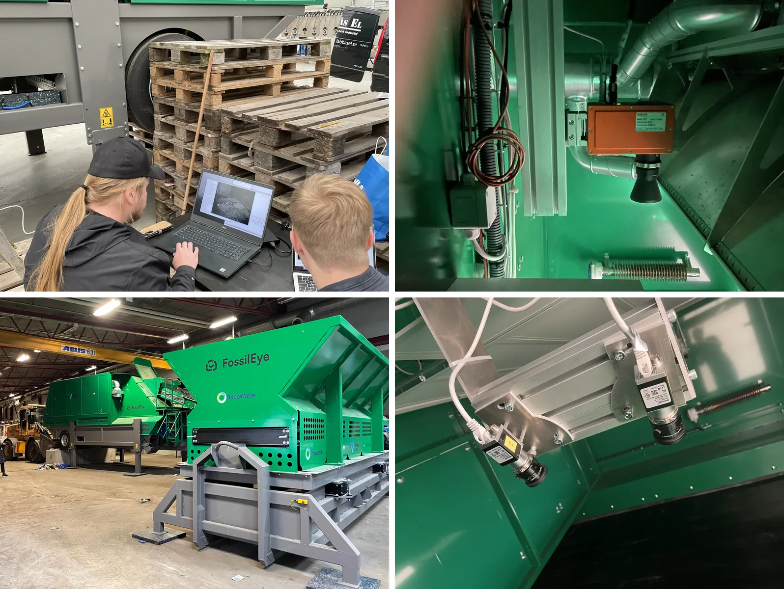 Four scenes from the RoboWaste project: field testing at the sorting machine, the vision unit and its calibration target, the FossilEye machines in the hall, and the stereo camera rig